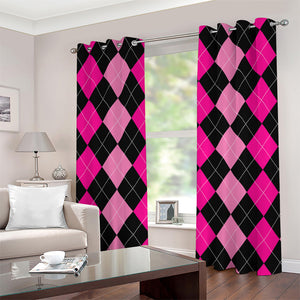 Black And Deep Pink Argyle Pattern Print Grommet Curtains