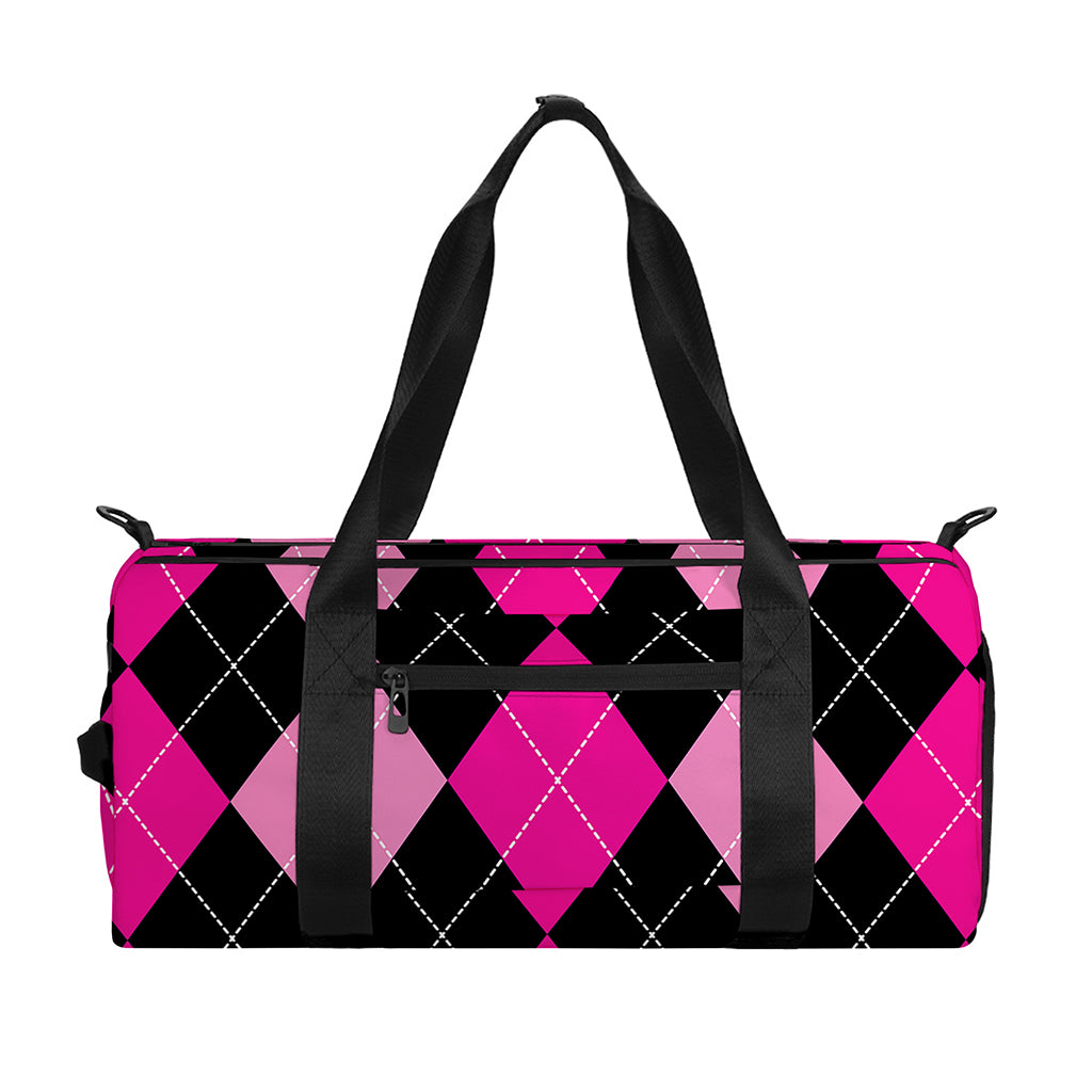 Black And Deep Pink Argyle Pattern Print Gym Bag