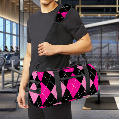 Black And Deep Pink Argyle Pattern Print Gym Bag