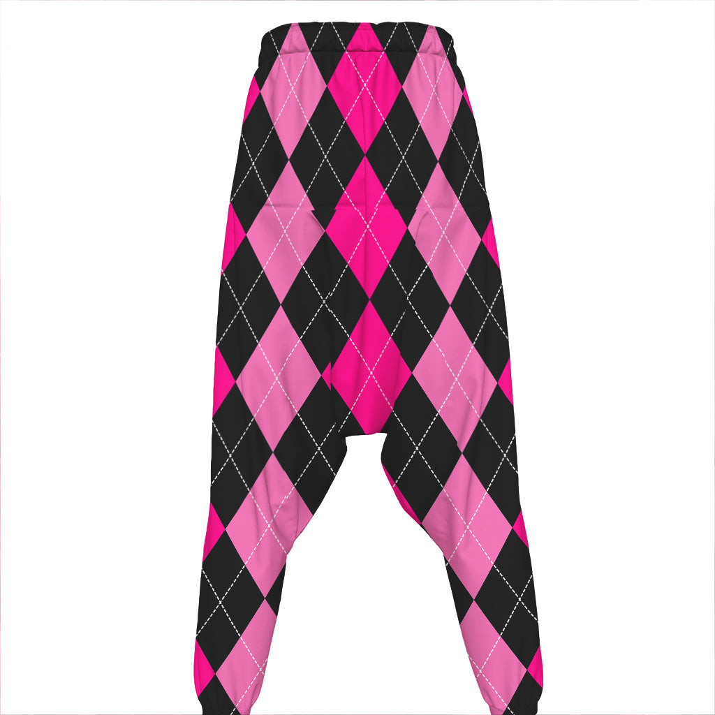 Black And Deep Pink Argyle Pattern Print Hammer Pants