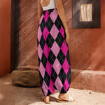 Black And Deep Pink Argyle Pattern Print Harem Pants