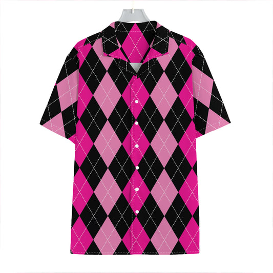 Black And Deep Pink Argyle Pattern Print Hawaiian Shirt