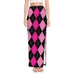 Black And Deep Pink Argyle Pattern Print High Slit Maxi Skirt