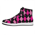 Black And Deep Pink Argyle Pattern Print High Top Leather Sneakers