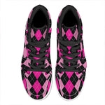 Black And Deep Pink Argyle Pattern Print High Top Leather Sneakers