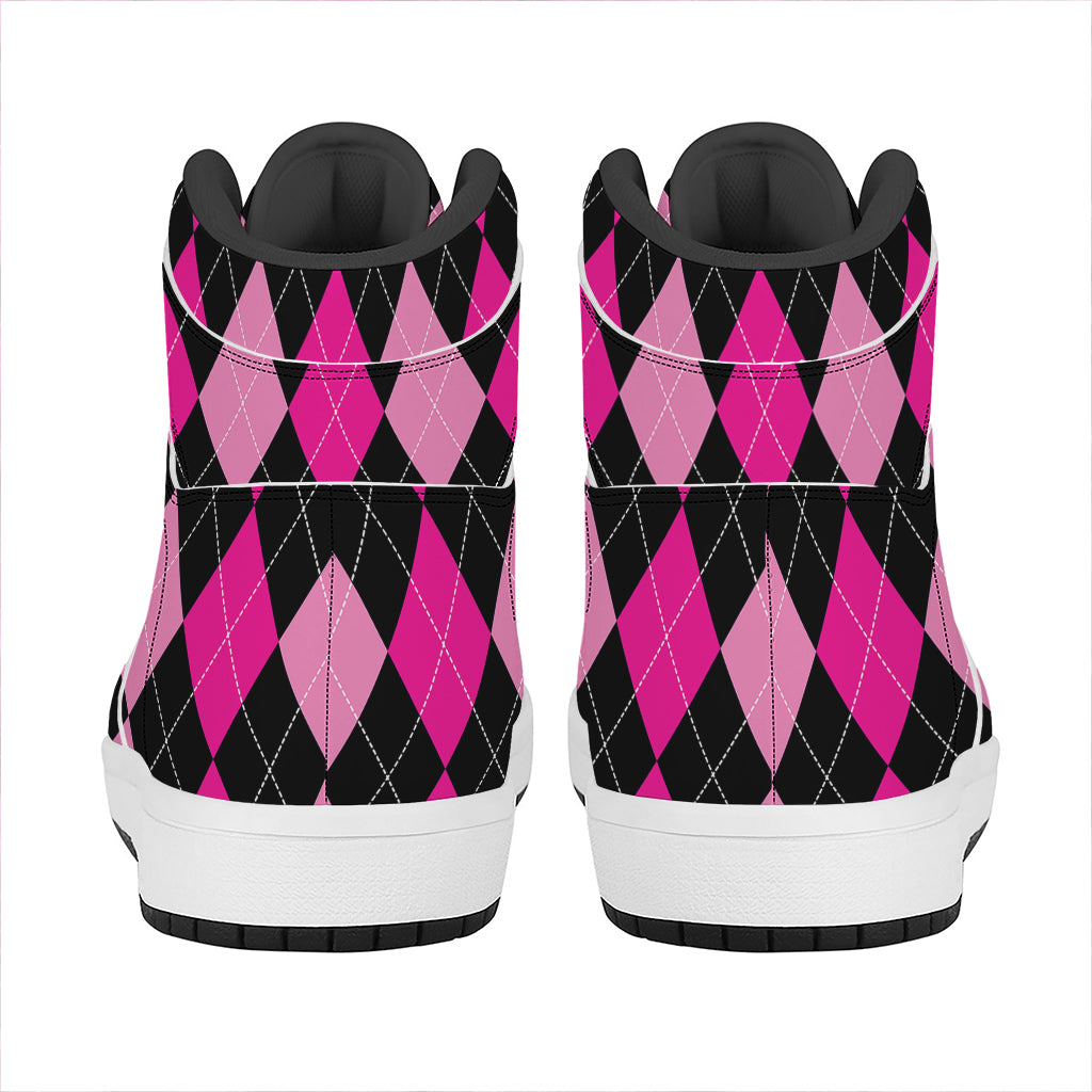 Black And Deep Pink Argyle Pattern Print High Top Leather Sneakers