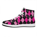 Black And Deep Pink Argyle Pattern Print High Top Leather Sneakers