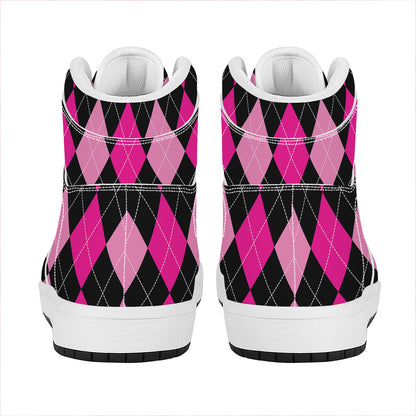 Black And Deep Pink Argyle Pattern Print High Top Leather Sneakers