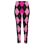 Black And Deep Pink Argyle Pattern Print High-Waisted Pocket Leggings