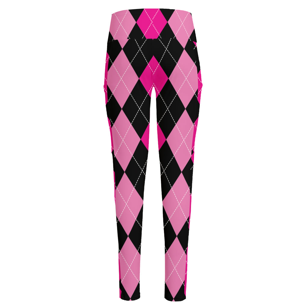 Black And Deep Pink Argyle Pattern Print High-Waisted Pocket Leggings