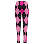 Black And Deep Pink Argyle Pattern Print High-Waisted Pocket Leggings