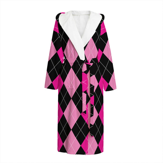 Black And Deep Pink Argyle Pattern Print Hooded Bathrobe