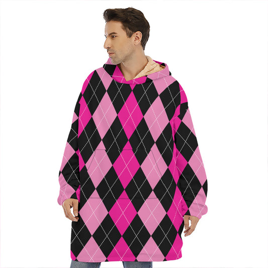 Black And Deep Pink Argyle Pattern Print Hoodie Blanket