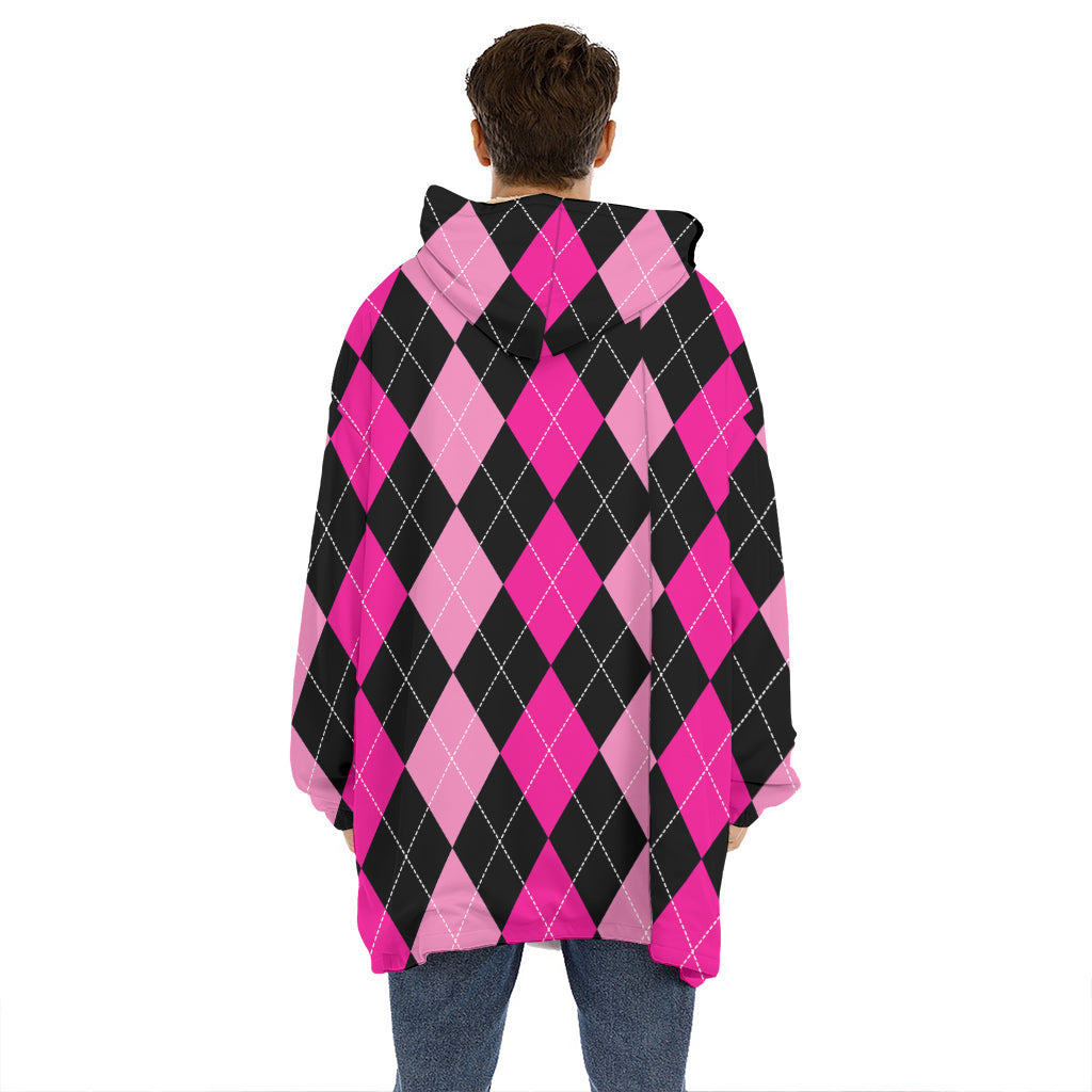 Black And Deep Pink Argyle Pattern Print Hoodie Blanket