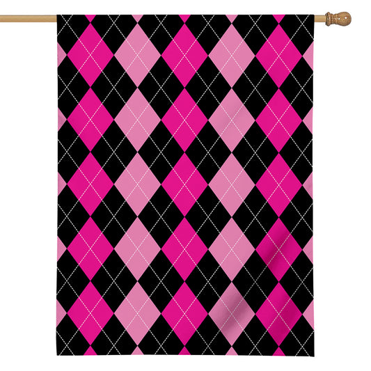 Black And Deep Pink Argyle Pattern Print House Flag