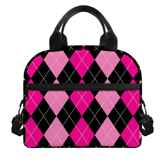 Black And Deep Pink Argyle Pattern Print Insulated Lunch Bag