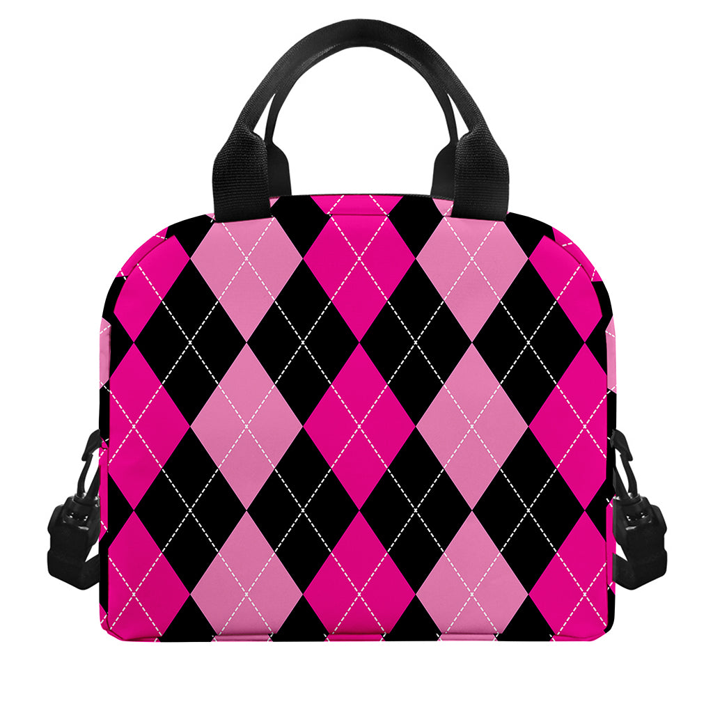 Black And Deep Pink Argyle Pattern Print Insulated Lunch Bag