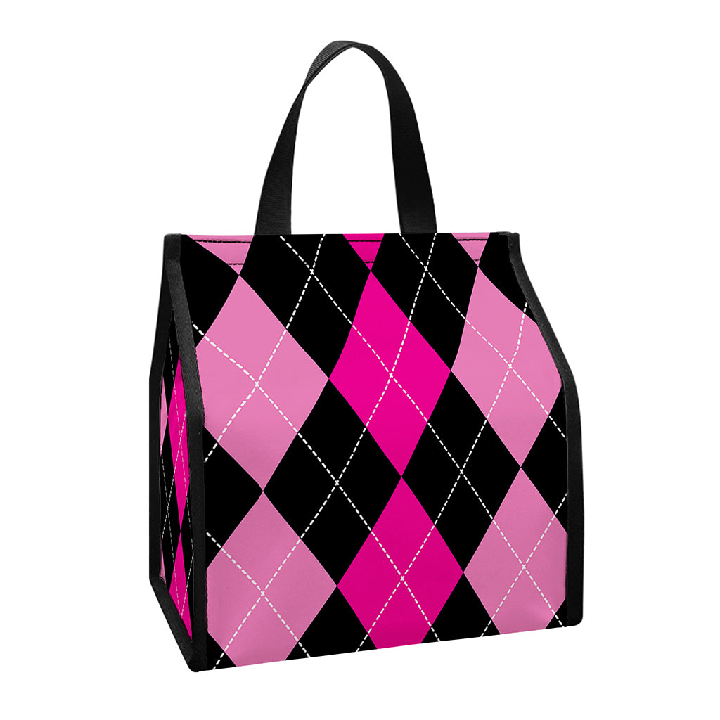 Black And Deep Pink Argyle Pattern Print Insulated Lunch Tote