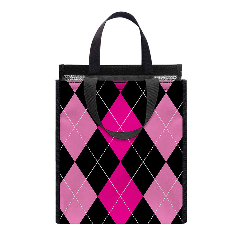 Black And Deep Pink Argyle Pattern Print Insulated Lunch Tote