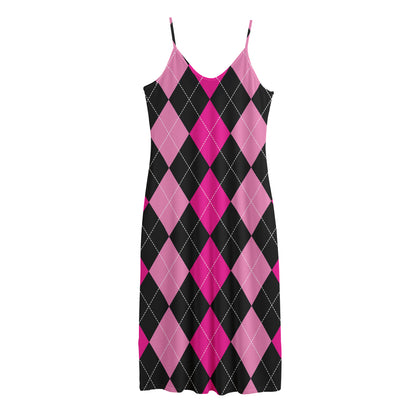 Black And Deep Pink Argyle Pattern Print Jersey Midi Cami Dress