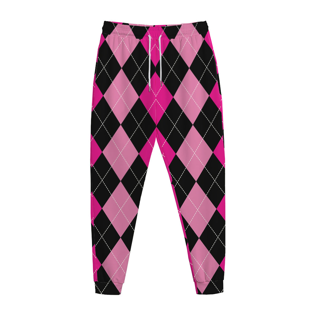 Black And Deep Pink Argyle Pattern Print Jogger Pants