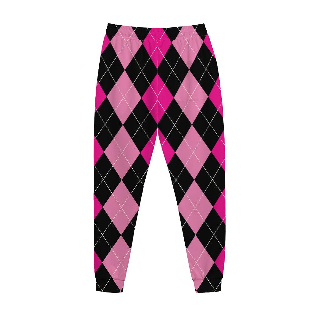 Black And Deep Pink Argyle Pattern Print Jogger Pants
