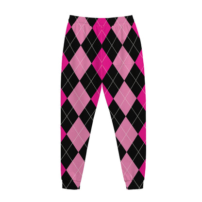 Black And Deep Pink Argyle Pattern Print Jogger Pants