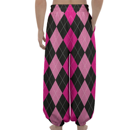 Black And Deep Pink Argyle Pattern Print Lantern Pants