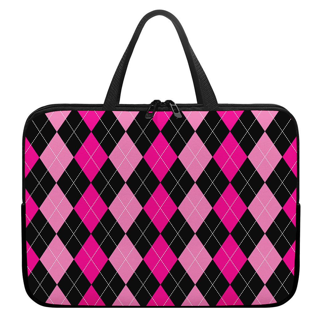 Black And Deep Pink Argyle Pattern Print Laptop Sleeve With Handle