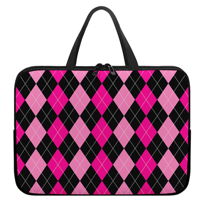 Black And Deep Pink Argyle Pattern Print Laptop Sleeve With Handle