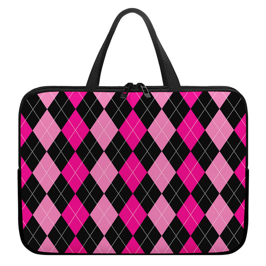Black And Deep Pink Argyle Pattern Print Laptop Sleeve With Handle