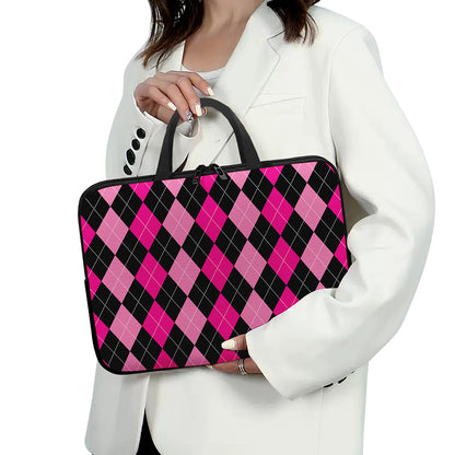 Black And Deep Pink Argyle Pattern Print Laptop Sleeve With Handle
