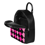 Black And Deep Pink Argyle Pattern Print Leather Backpack