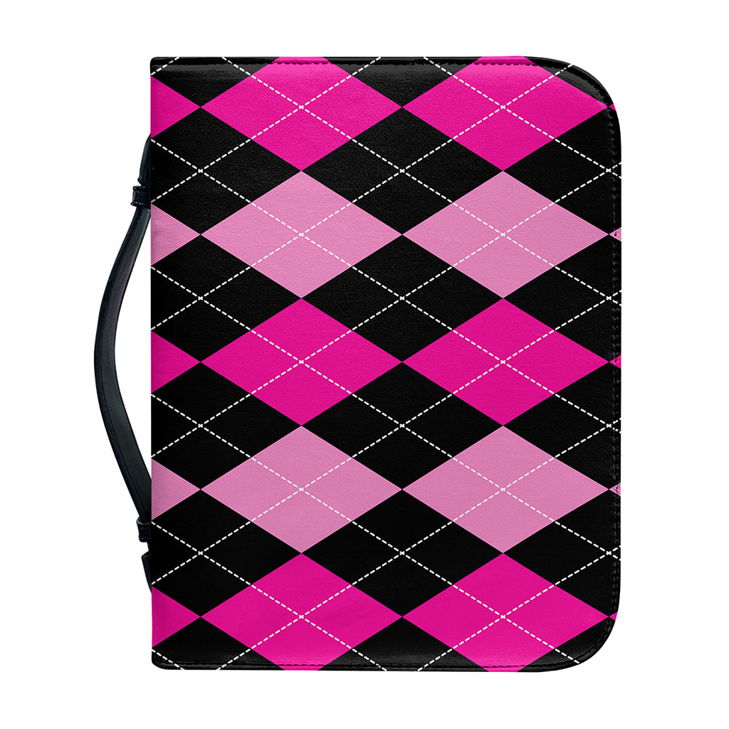 Black And Deep Pink Argyle Pattern Print Leather Bible Cover