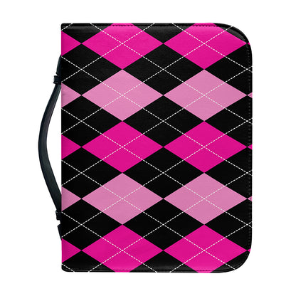 Black And Deep Pink Argyle Pattern Print Leather Bible Cover