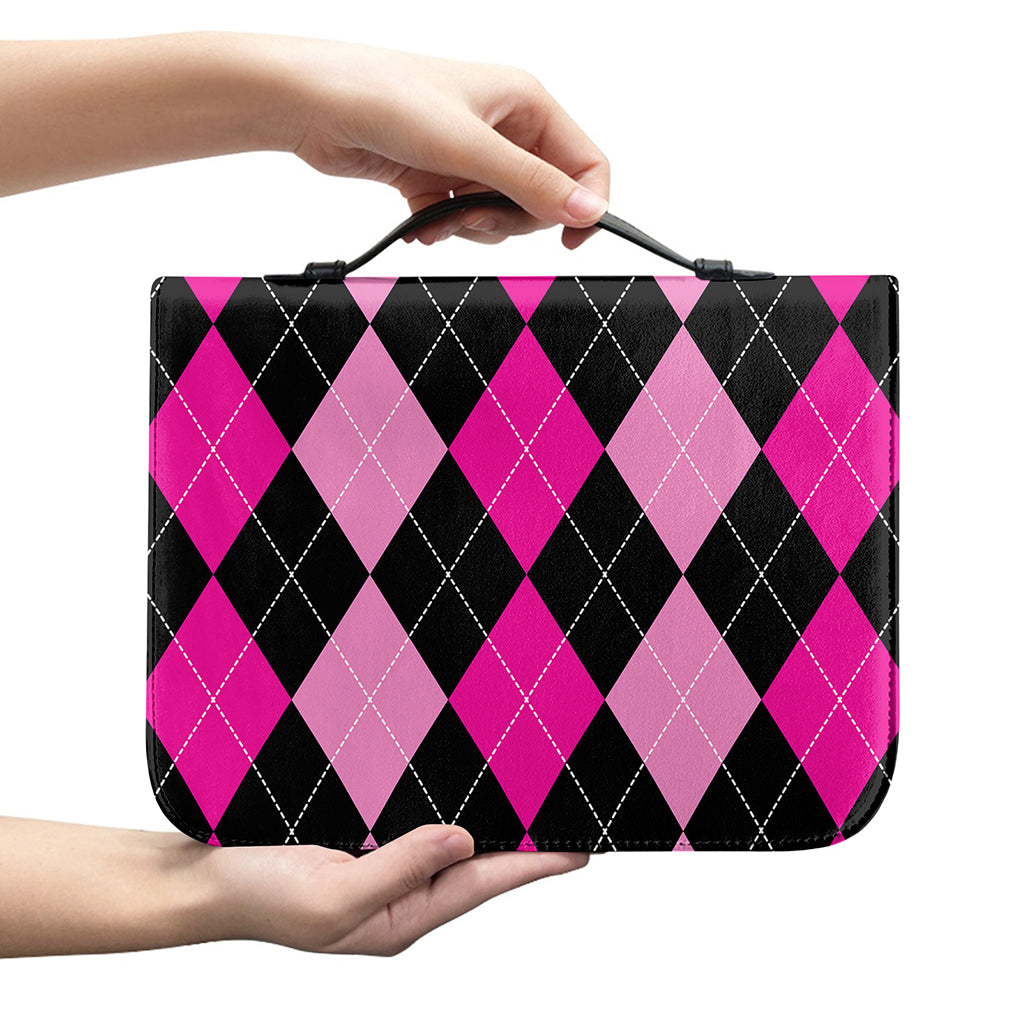 Black And Deep Pink Argyle Pattern Print Leather Bible Cover