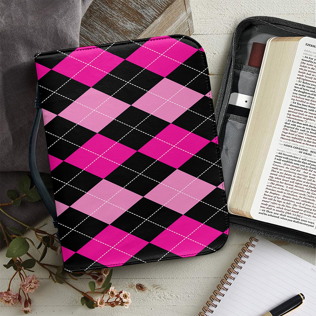 Black And Deep Pink Argyle Pattern Print Leather Bible Cover