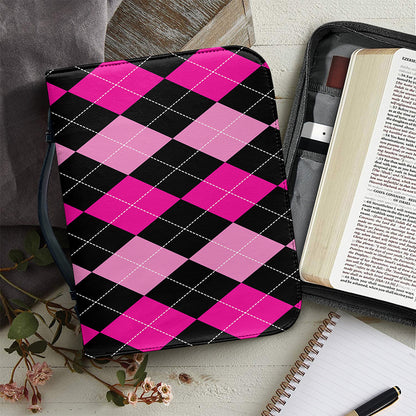 Black And Deep Pink Argyle Pattern Print Leather Bible Cover