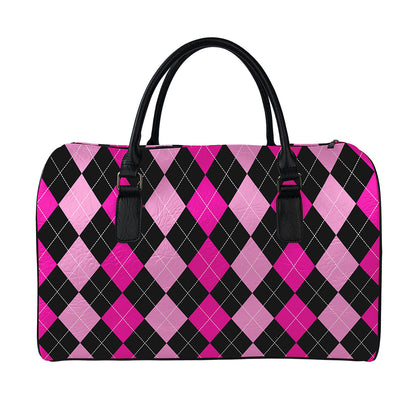 Black And Deep Pink Argyle Pattern Print Leather Duffle Bag