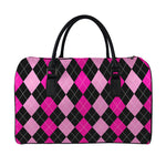 Black And Deep Pink Argyle Pattern Print Leather Duffle Bag