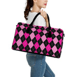 Black And Deep Pink Argyle Pattern Print Leather Duffle Bag