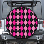 Black And Deep Pink Argyle Pattern Print Leather Spare Tire Cover