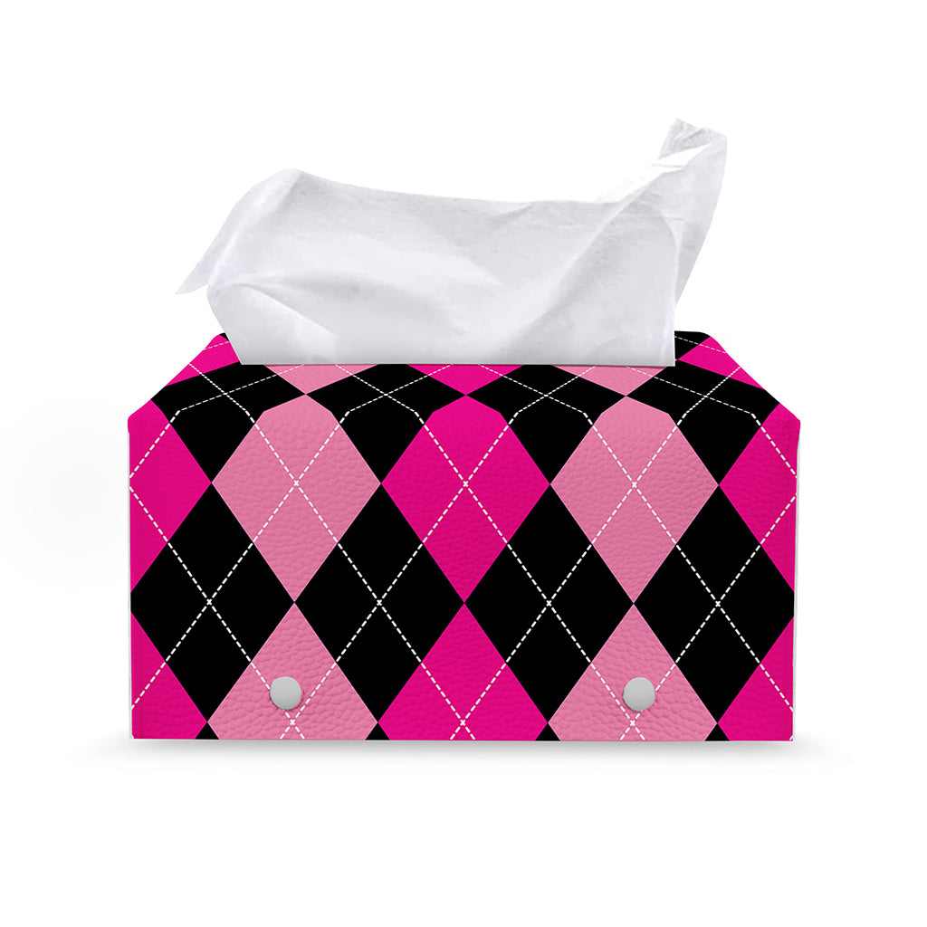 Black And Deep Pink Argyle Pattern Print Leather Tissue Box Cover
