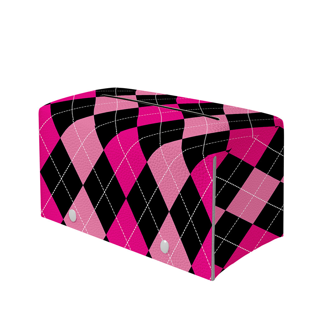 Black And Deep Pink Argyle Pattern Print Leather Tissue Box Cover