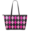 Black And Deep Pink Argyle Pattern Print Leather Tote Bag With Zipper