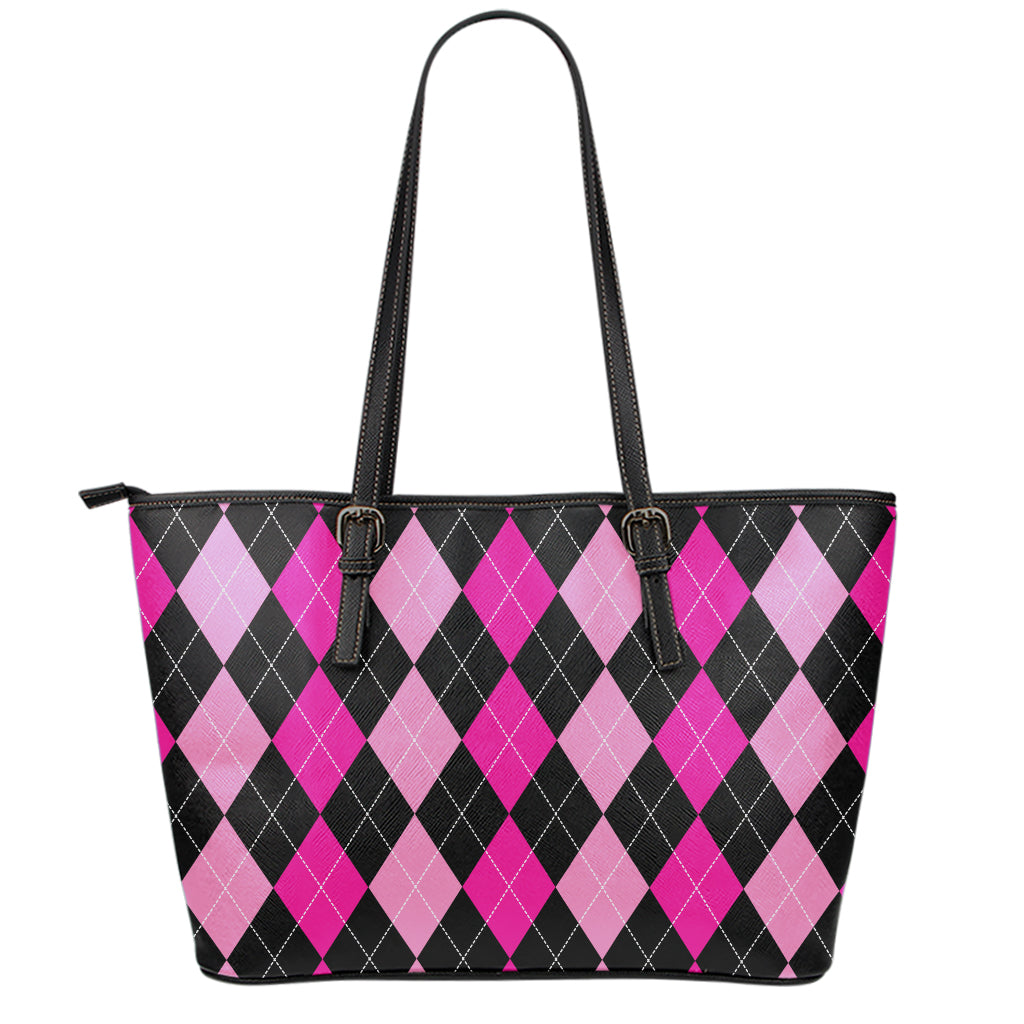 Black And Deep Pink Argyle Pattern Print Leather Tote Bag