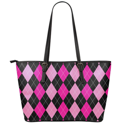 Black And Deep Pink Argyle Pattern Print Leather Tote Bag