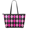Black And Deep Pink Argyle Pattern Print Leather Tote Bag