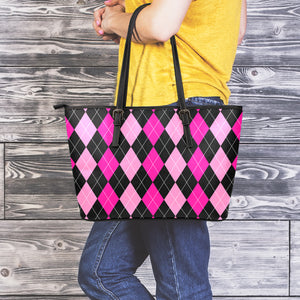 Black And Deep Pink Argyle Pattern Print Leather Tote Bag