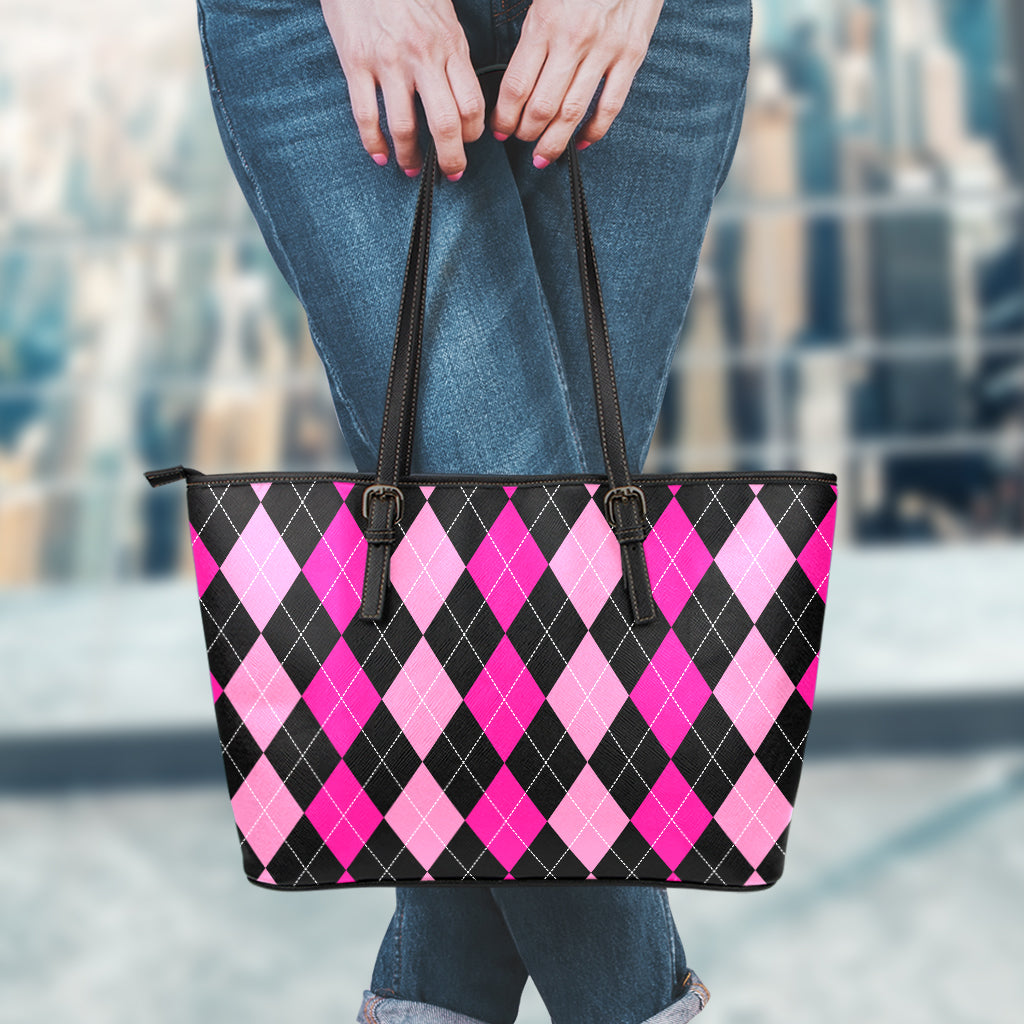 Black And Deep Pink Argyle Pattern Print Leather Tote Bag